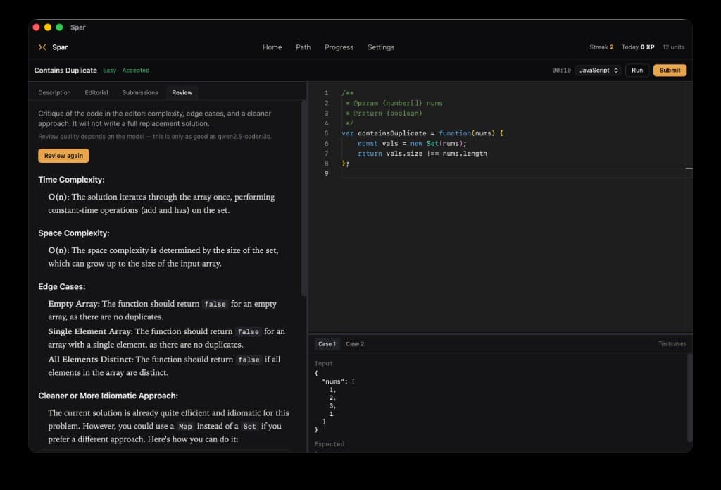 Spar AI review — complexity, edge cases, and a cleaner approach after Accepted