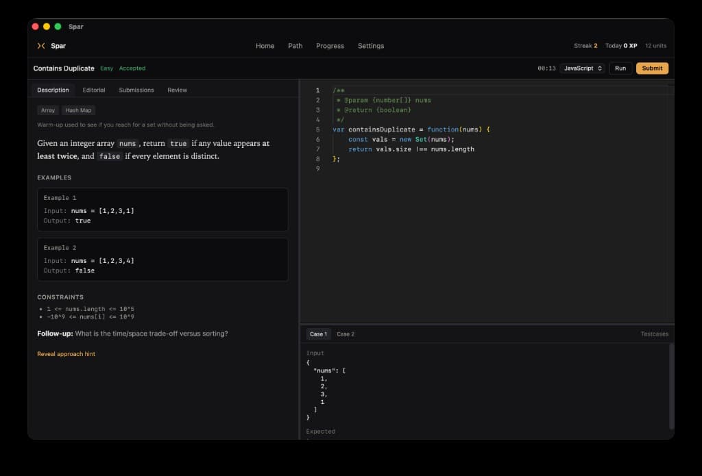 Spar workspace — Contains Duplicate with editor, tests, Run, and Submit